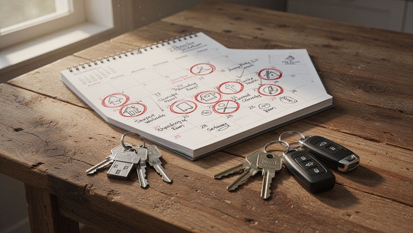 Hyperrealistic close-up of a rustic wooden kitchen table featuring an open monthly calendar with red-circled generic dates and simple handwritten notes, adjacent to scattered silver house and car keys, illuminated by soft morning light.