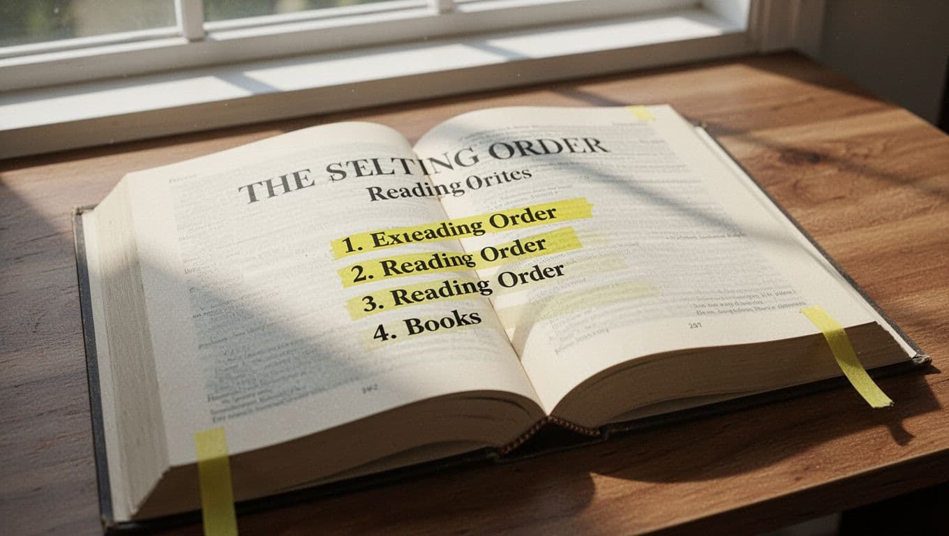 Hyperrealistic close-up of an open hardcover book on a wooden desk under natural window light, showing the title page with a 4-book series reading order list numbered 1-4 highlighted in yellow marker, subtle page textures, clean composition with no people or extra objects.