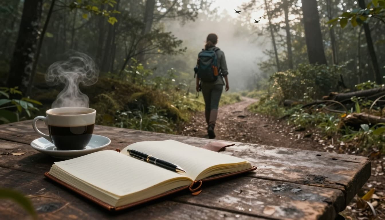 Hyperrealistic cinematic landscape of an open leather journal with pen and steaming coffee on a rustic wooden table, overlooking a forested hiking trail where a lone woman walks in soft morning light amid misty woods.
