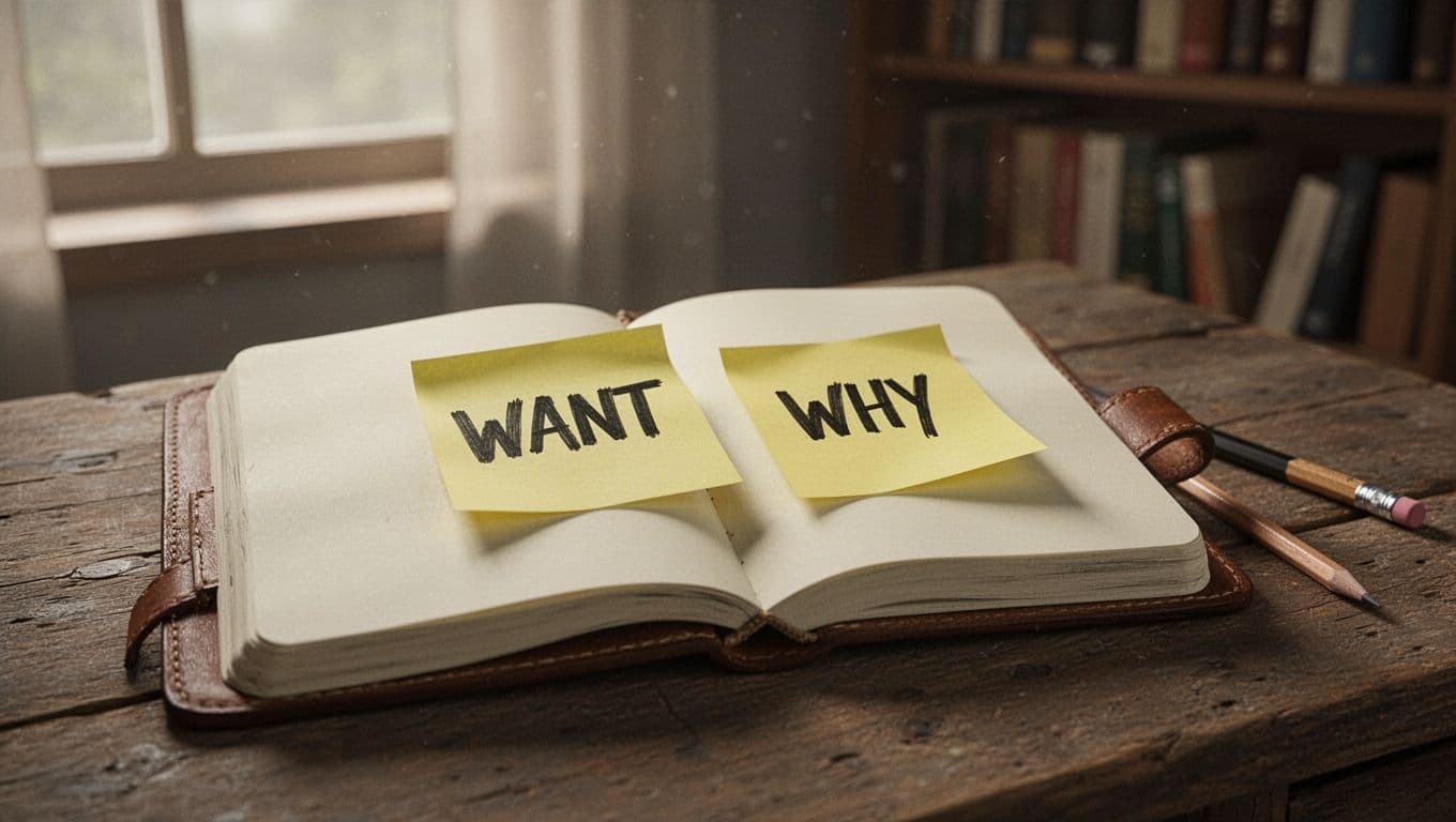 Hyperrealistic cinematic image of an open leather-bound notebook on a rustic wooden desk in soft morning light, featuring exactly two yellow sticky notes labeled 'WANT' and 'WHY', with a simple pencil nearby and blurred bookshelves in the background.