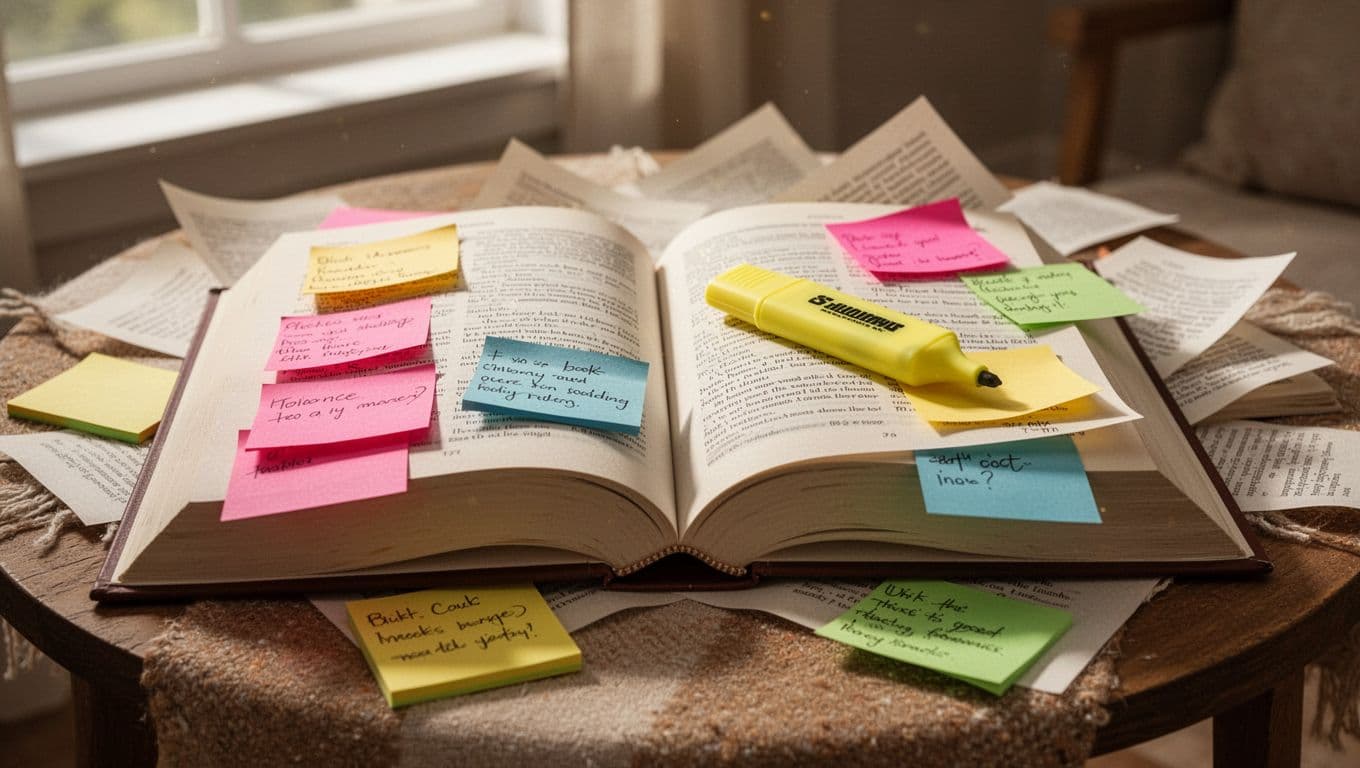 Photorealistic, cinematic image of an open paperback romance novel on a cozy table, adorned with colorful sticky notes on pages, a yellow highlighter resting on top, and warm natural light from a window.
