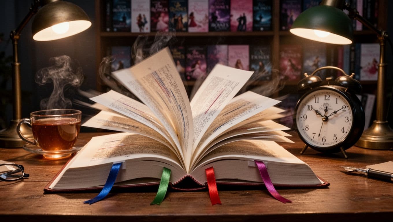 Hyperrealistic image of an open romance novel on a wooden desk, marked with two colored ribbons, pages turning quickly; steaming tea cup, late-night clock, cozy lamp, blurred bookshelf background conveying excitement and momentum.