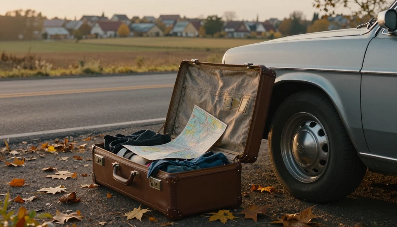 Hyperrealistic cinematic scene of an open suitcase revealing clothes and a map beside a vintage car on a quiet rural road with autumn leaves, distant town silhouette, and golden hour sunlight evoking adventure and relocation.