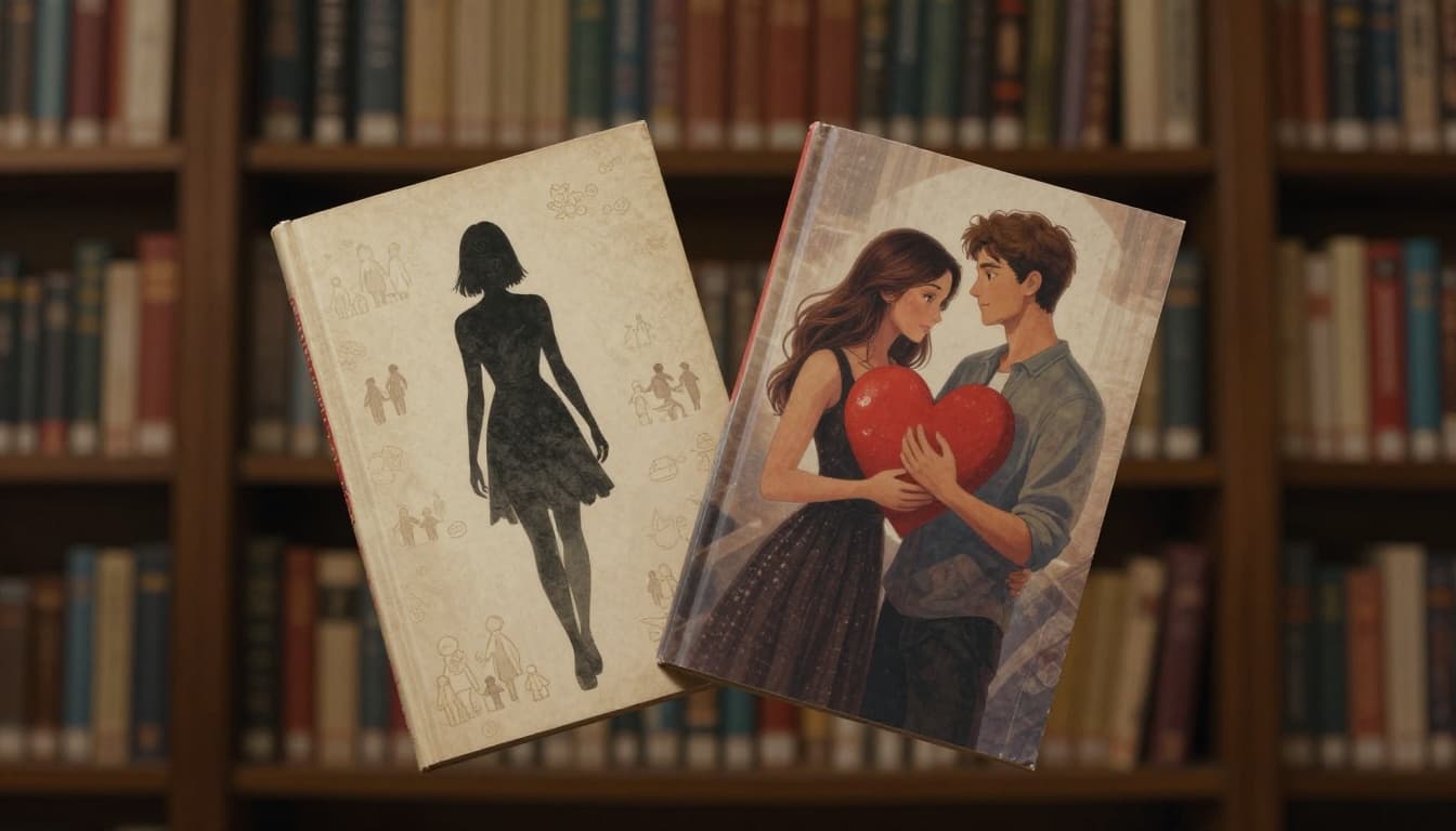 Hyperrealistic cinematic illustration of two overlapping book covers on a library shelf: one with a single woman silhouette and family icons, the other with a heart and couple, blending seamlessly in warm library lighting to represent genre overlap, featuring detailed paper textures.