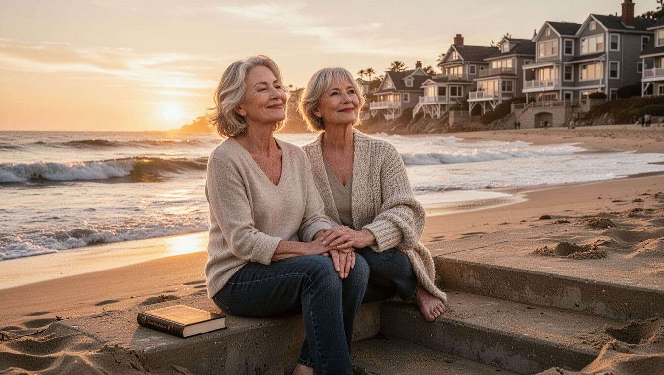Hyperrealistic cinematic image of a content middle-aged woman sitting peacefully on beach steps at sunset with a soft smile, closed book beside her, gentle ocean waves, cozy beach town houses, and warm golden light.