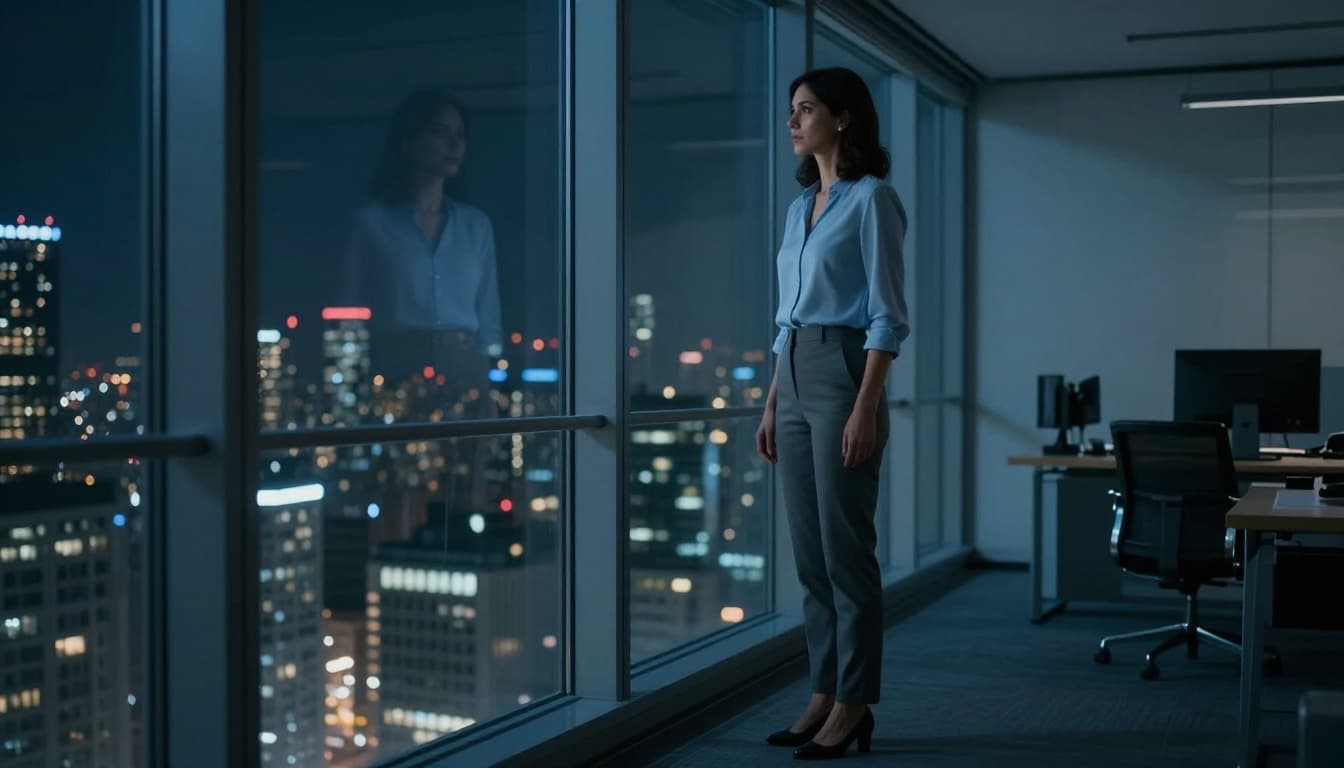 Hyperrealistic cinematic image of a determined mid-30s woman in business casual attire standing by a floor-to-ceiling office window at night, gazing pensively at sparkling city lights and skyscrapers with her faint reflection on the glass.