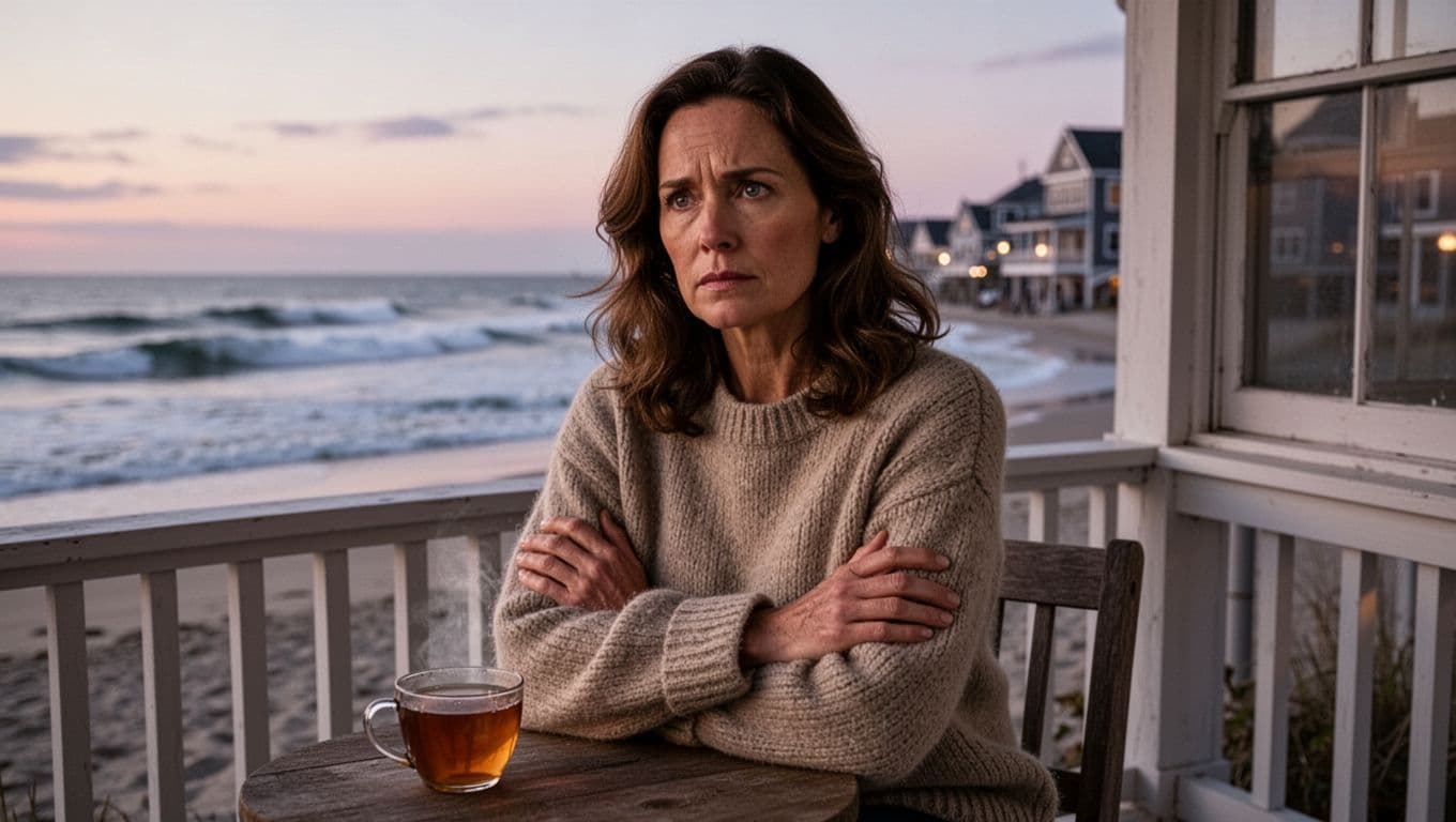 Hyperrealistic cinematic image of a mid-30s woman in a cozy sweater sitting on a beach town porch at dusk, arms crossed with a guarded pensive expression hinting at divorce fears, tea cup nearby, soft waves in background.