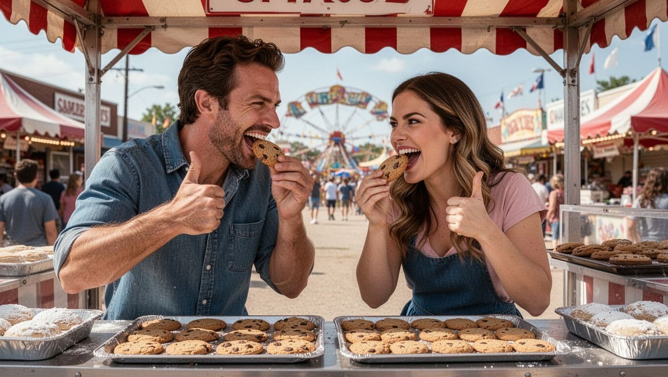 Two mid-30s rivals, a man and woman, engage in playful competition at a small town baking contest stall, tasting each other's cookies with competitive grins and thumbs up, showing mutual respect amid a fairground background.