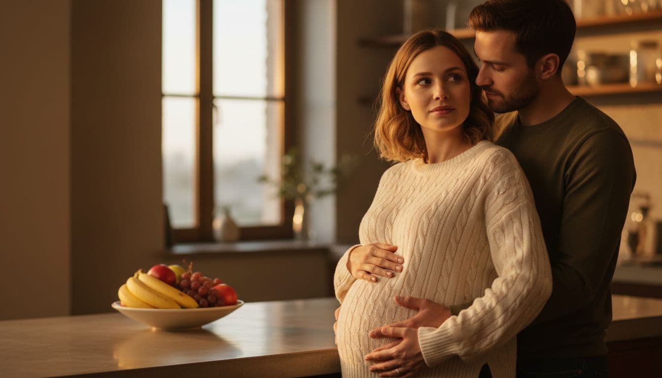 Hyperrealistic portrait of a young couple in a modern kitchen during golden hour, with the pregnant woman resting her hand on her belly and the man supporting her tenderly.