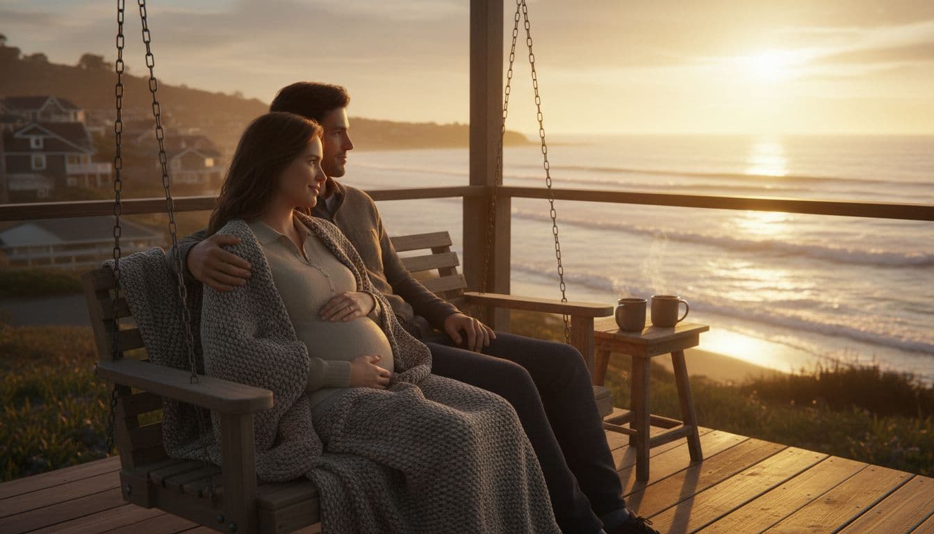 A couple sits intimately on a porch swing in a small coastal town at sunset, the woman resting her hand on her pregnant belly as the man wraps his arm around her protectively, with ocean waves and golden hour lighting creating a serene, romantic atmosphere.