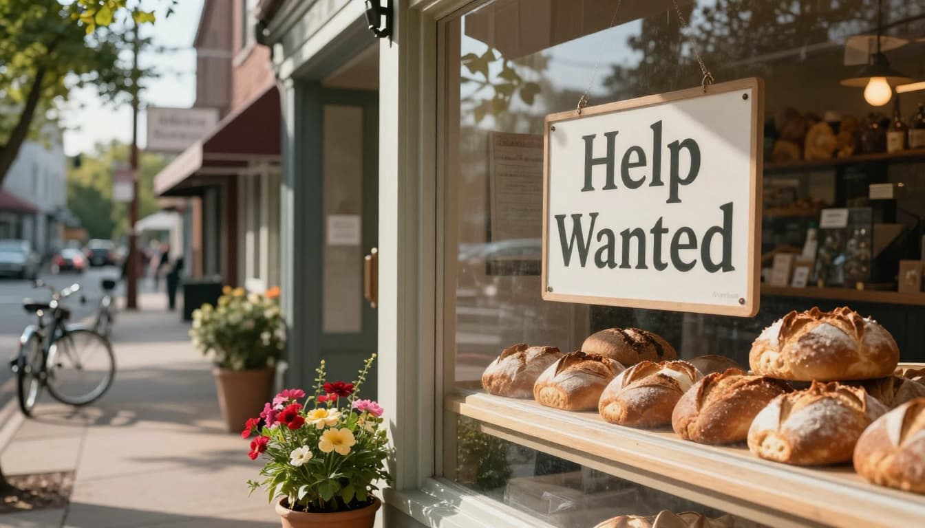 Hyperrealistic cinematic image of a 'Help Wanted' sign in the window of a quaint bakery with fresh bread inside, on a small town street with bikes and flowers in warm morning light.