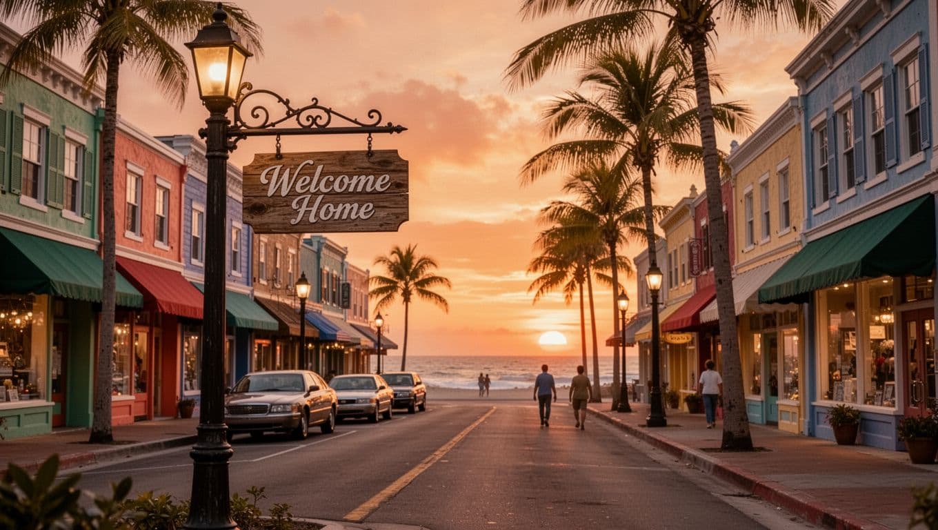 Hyperrealistic cinematic view of a charming coastal small town's main street at golden hour sunset, with a prominent wooden 'Welcome Home' sign on a lamppost in the foreground, colorful storefronts, parked cars, distant pedestrians, swaying palm trees, and an ocean glimpse.
