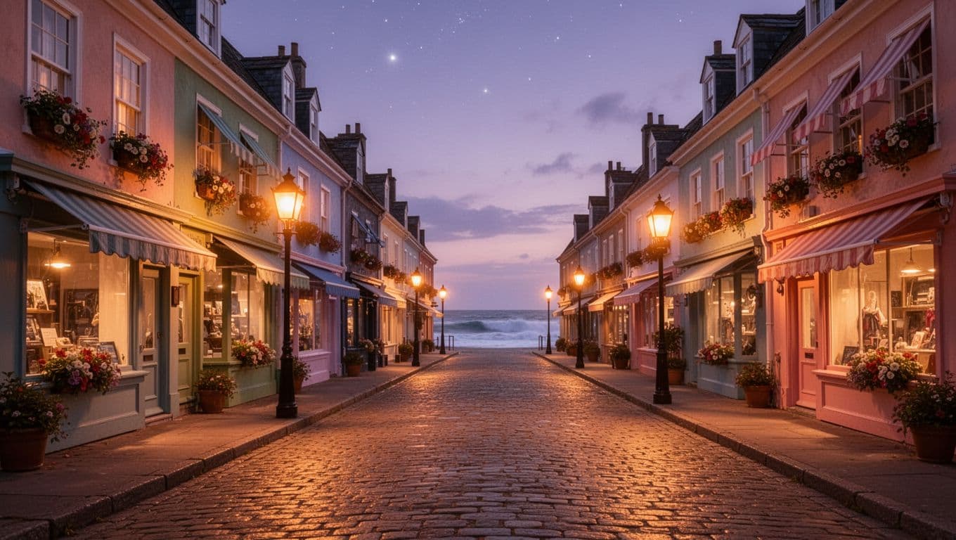 Hyperrealistic cinematic image of a serene, empty main street in a quaint seaside town at dusk, featuring warm golden streetlights illuminating pastel-colored shop fronts and cobblestone pavement, with a soft twilight sky and distant ocean waves.