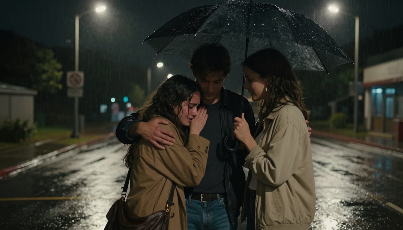Hyperrealistic cinematic scene of three close friends—two women and one man—on a rainy night street, one woman embracing and comforting her crying friend after a breakup, the man holding an umbrella over them, streetlights reflecting on wet pavement.