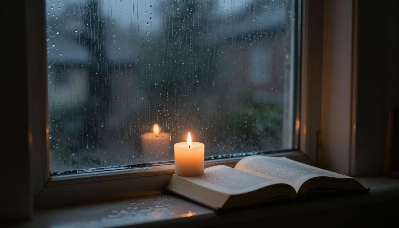 Hyperrealistic cinematic window view of heavy rain streaming down glass panes blurring the outside world, with a flickering white candle beside an open book on the windowsill in a cozy room, warm interior glow contrasting stormy exterior.