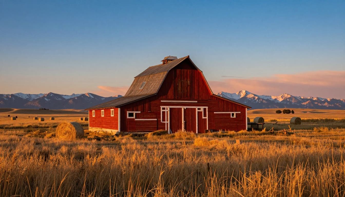 Classic red wooden barn with white trim stands alone in a vast golden field of tall grass at golden hour sunset, with endless blue skies streaked in orange and pink, distant snow-capped mountains, scattered hay bales, and warm glowing light casting long shadows.