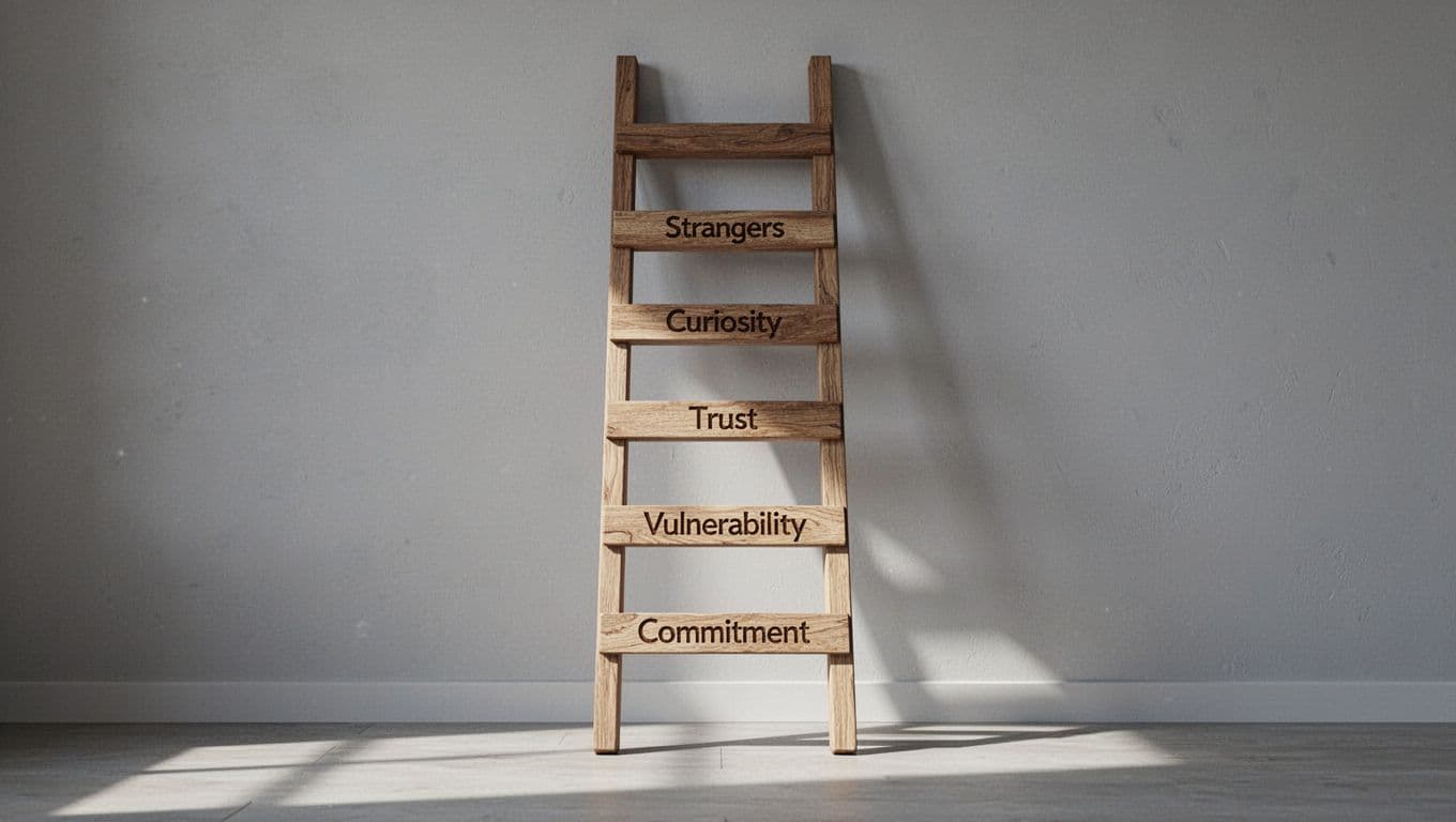 Hyperrealistic cinematic image of a tall wooden ladder leaning against a light gray wall in a minimalist sunlit room, with five rungs labeled 'Strangers', 'Curiosity', 'Trust', 'Vulnerability', and 'Commitment' symbolizing relationship progression.