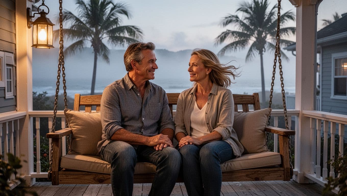 Hyperrealistic cinematic landscape of a relaxed couple in their 40s sitting close on a wooden porch swing in a coastal town home at dusk, sharing calm smiles under warm lantern light with a misty ocean backdrop.