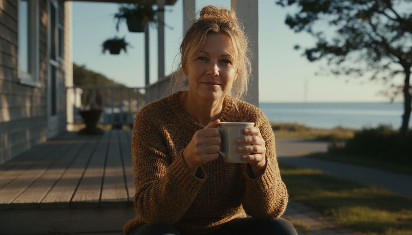 Hyperrealistic cinematic portrait of a relatable middle-aged woman blending confidence and vulnerability, with laugh lines and messy hair, sitting on a porch step in a small coastal town holding a coffee mug in soft morning light.
