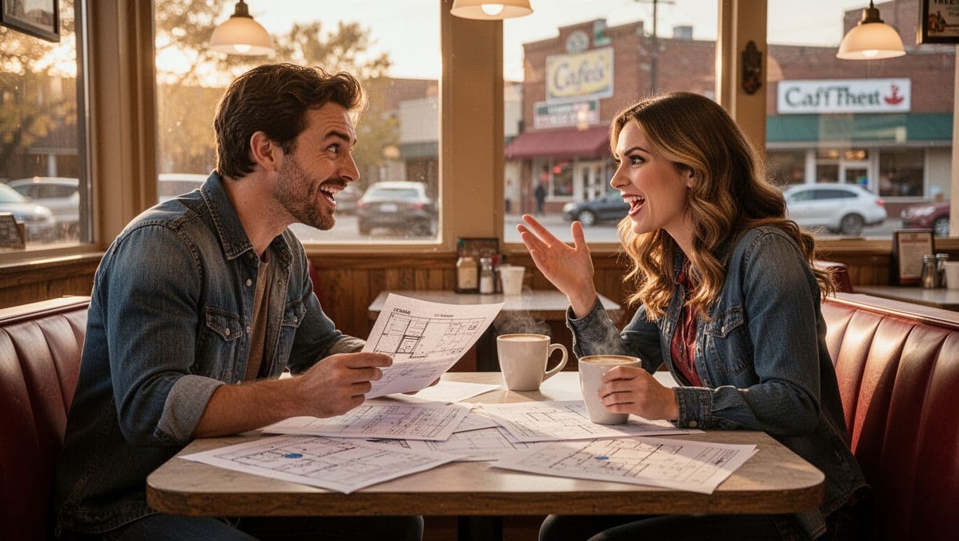 Hyperrealistic cinematic landscape of a man and woman, rival small town cafe owners, now collaborating playfully at a table with coffee cups, event plans, and scattered papers in a cozy diner with morning light.