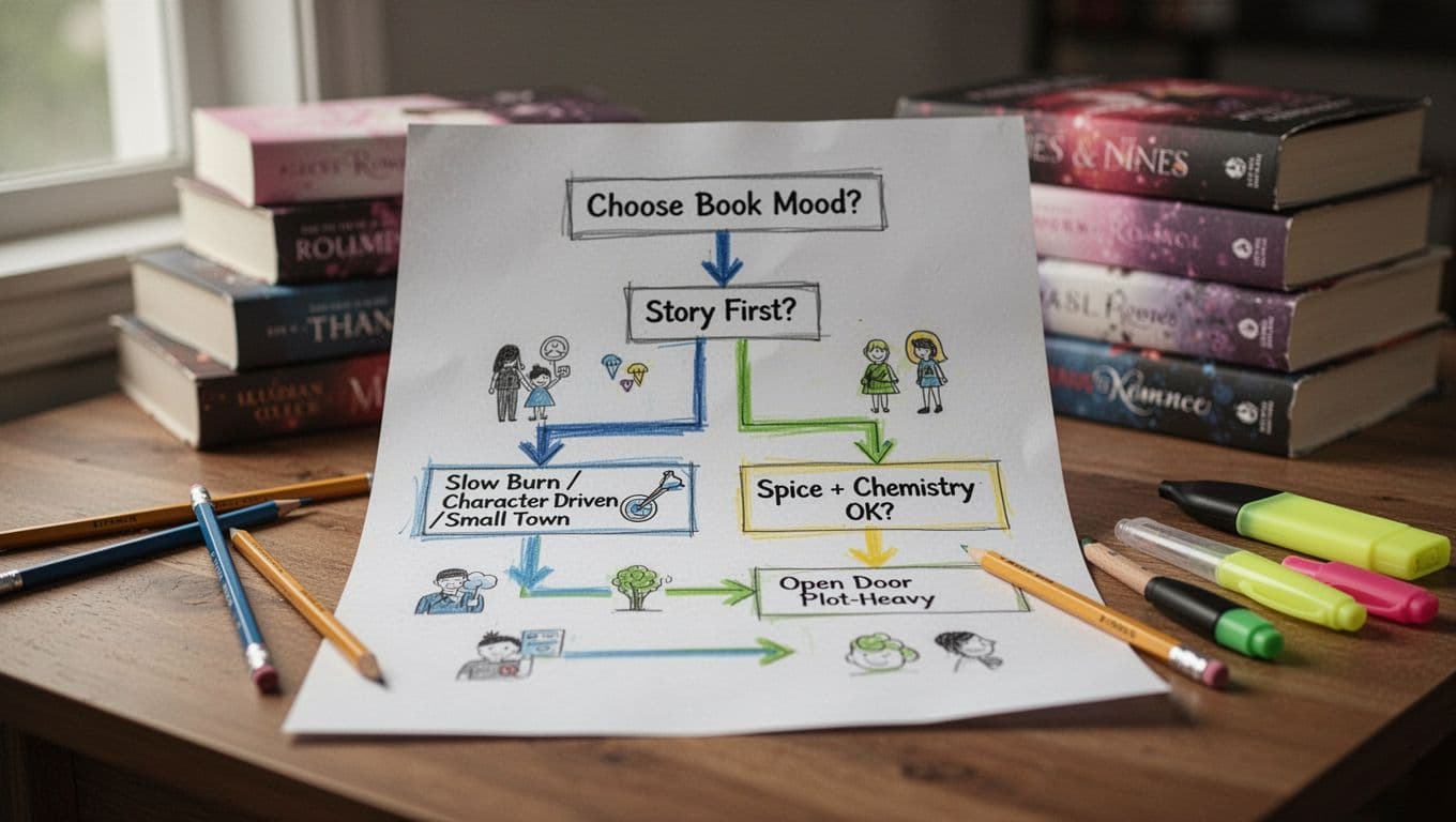 Hyperrealistic flowchart on white paper on a wooden desk with blurred stacked romance books in the background, guiding book choices by mood like slow burn or spice levels. Soft natural daylight illuminates the detailed paper folds, colored arrows, pencils, and highlighter in a relaxed home office setting.