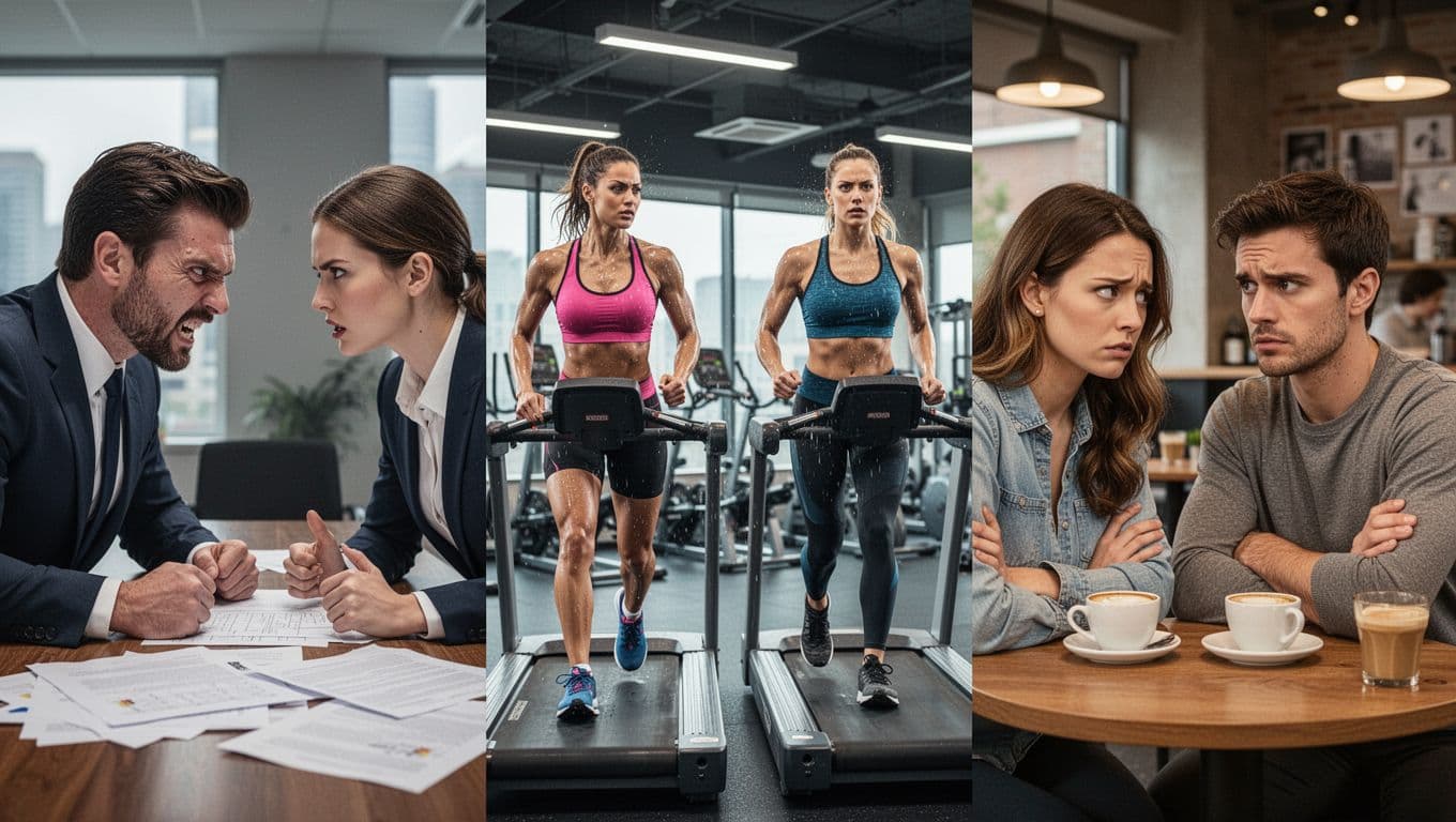 Hyperrealistic triptych in landscape ratio showing a man and woman transitioning through romance conflict: fierce boardroom enemies glaring, gym rivals competing on treadmills with respect, and cafe pair with mild annoyance over coffee.