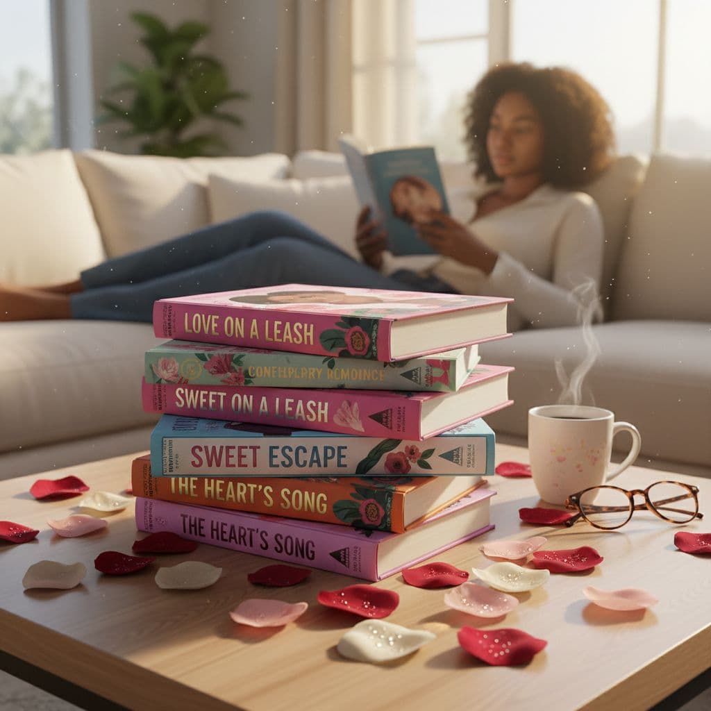 A vibrant stack of modern romance novels sits on a wooden coffee table in a bright living room, surrounded by scattered rose petals and reading glasses. In the soft focus background, a Black woman curls up on a sofa, turning a page.