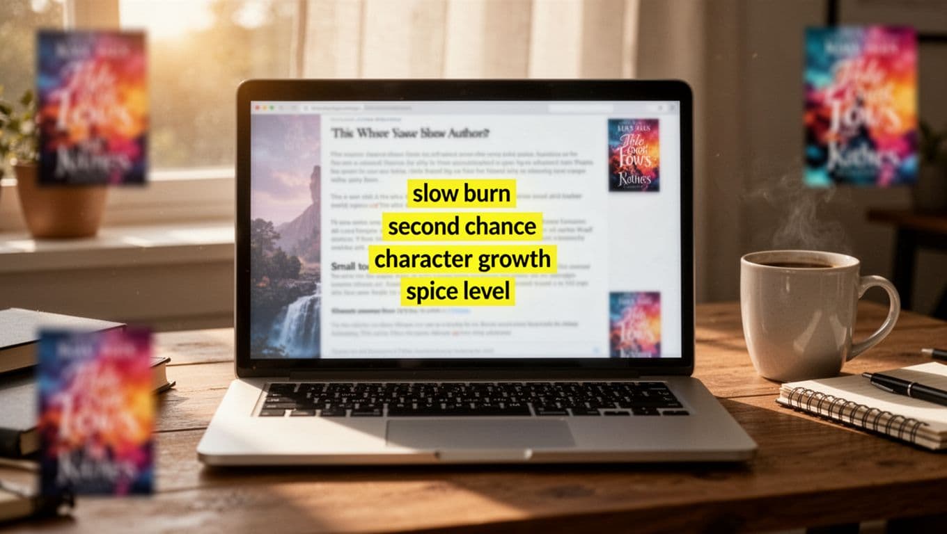 Hyperrealistic laptop on a wooden desk displays a mock book blurb webpage with romance tropes like 'slow burn' and 'second chance' highlighted in yellow, surrounded by a cozy office setup with coffee mug and sunlight.