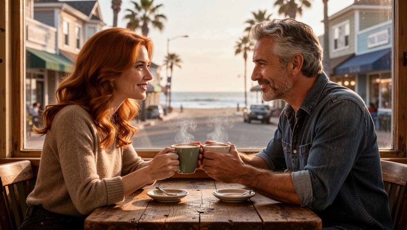 Hyperrealistic image of a mid-30s woman with warm auburn hair and a mid-40s man with salt-and-pepper hair sitting face-to-face at a rustic table in a cozy beach town cafe, sharing an intense glance and touching fingertips over steaming coffee mugs during golden hour.