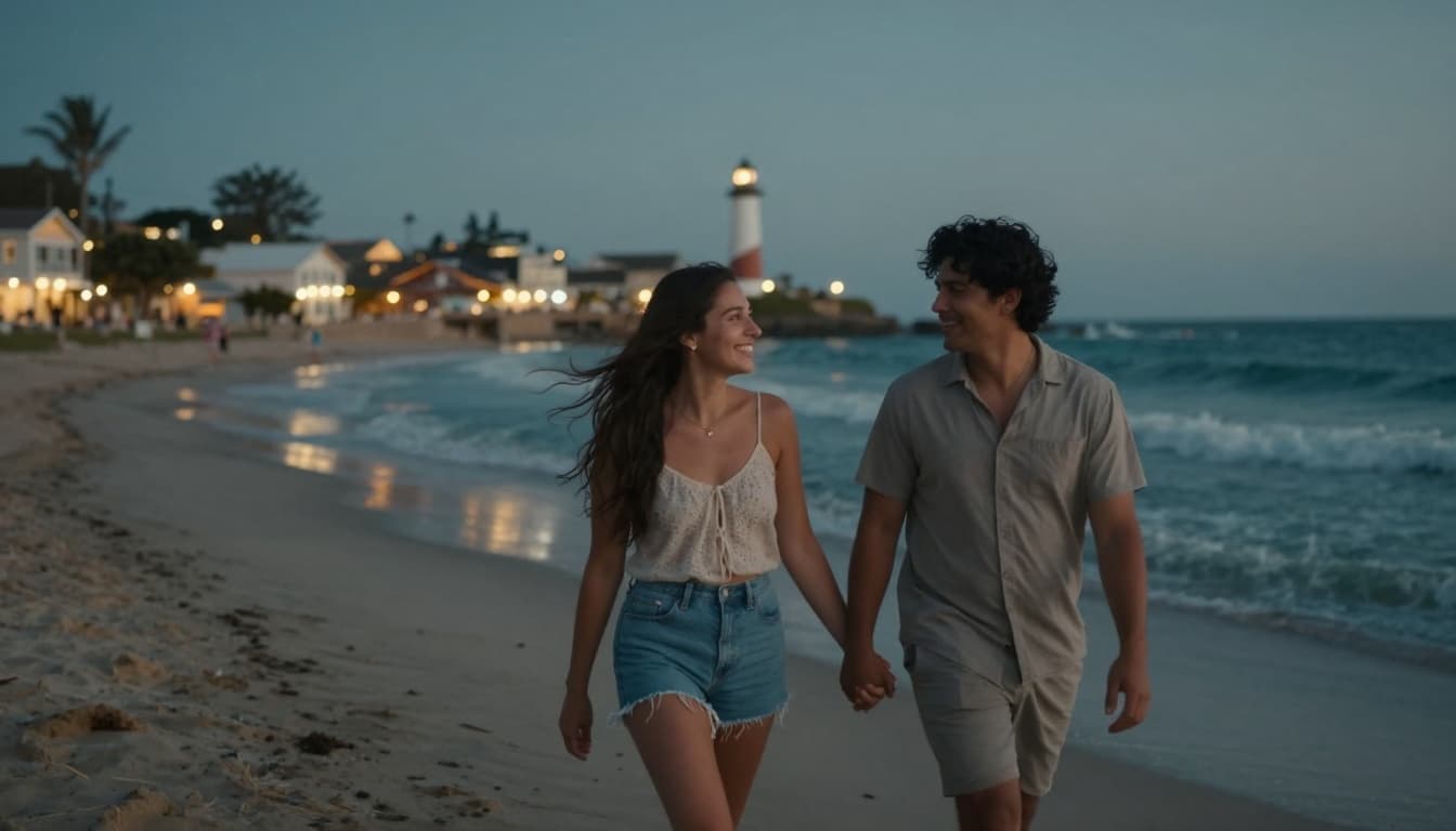 Hyperrealistic, photorealistic image of a loving couple holding hands and walking along a boardwalk in a cozy coastal town at dusk, with ocean waves, twinkling town lights, distant lighthouse, and a relaxed romantic mood.