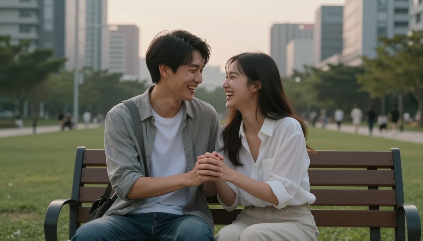 Hyperrealistic cinematic scene of a young couple laughing and holding hands intimately on a modern city park bench at sunset, with blurred urban background and warm lighting emphasizing their romantic connection.
