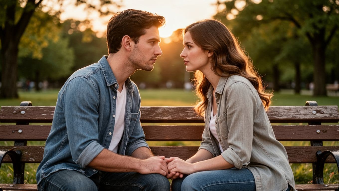 Hyperrealistic, photorealistic image of a young couple in their 30s sitting close on a wooden park bench at sunset, gazing deeply into each other's eyes with expressions of trust and anticipation, hands inches apart almost touching.