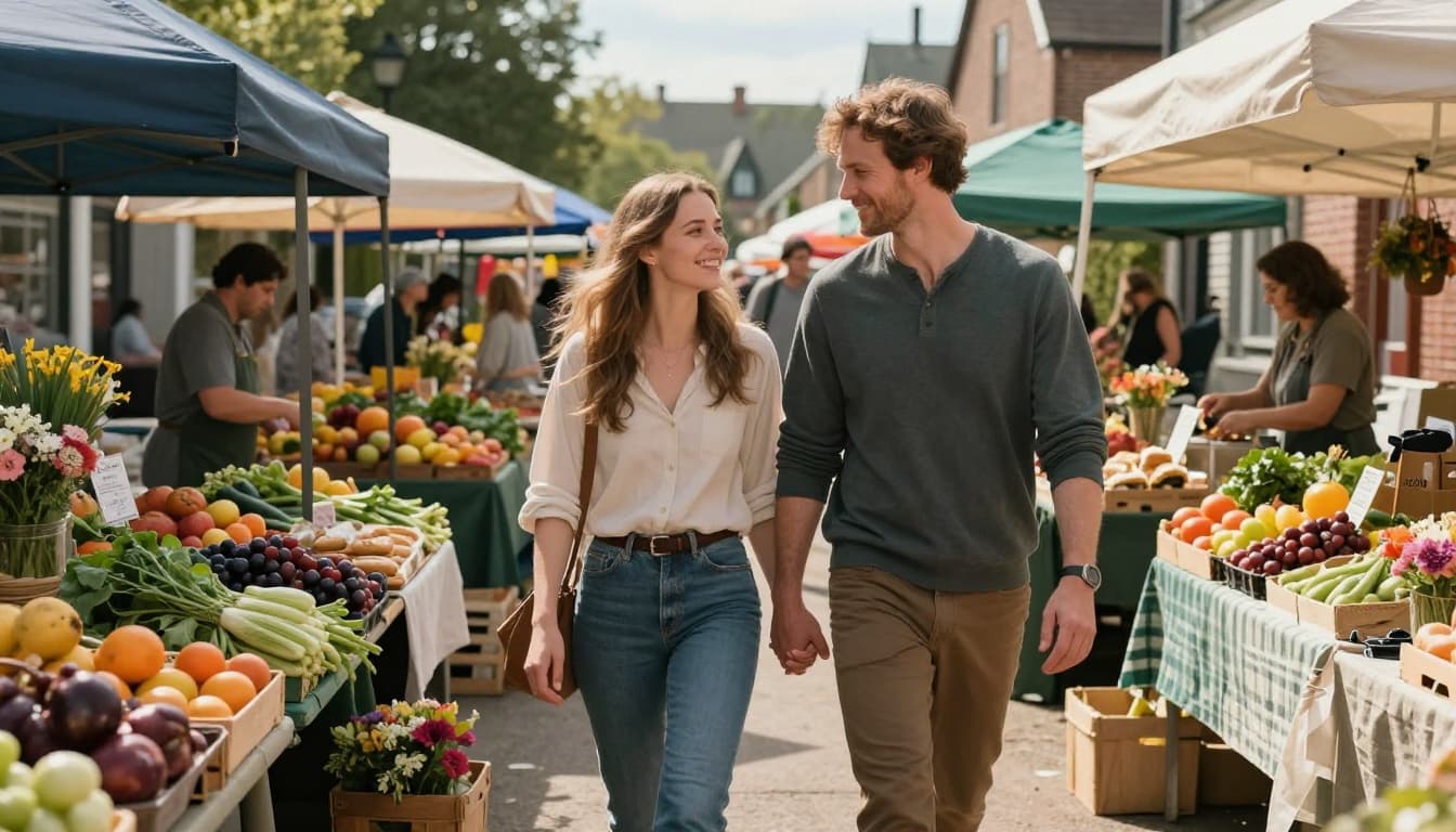 Hyperrealistic cinematic image of a romantic couple in their 30s holding hands while strolling through a vibrant small-town farmers market on a bright sunny morning, with colorful stalls of fresh produce and festive community vibes.