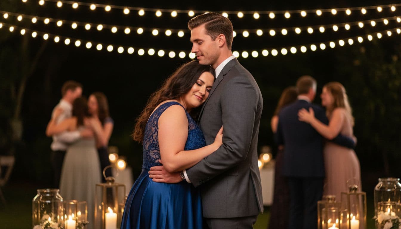 Hyperrealistic cinematic image of a plus-size woman in her 30s with curves and long dark hair in an elegant dress, tenderly embracing a tall athletic man with short hair at an outdoor evening event. They smile softly with mutual attraction, her head on his shoulder, under warm string lights with a blurred party background.