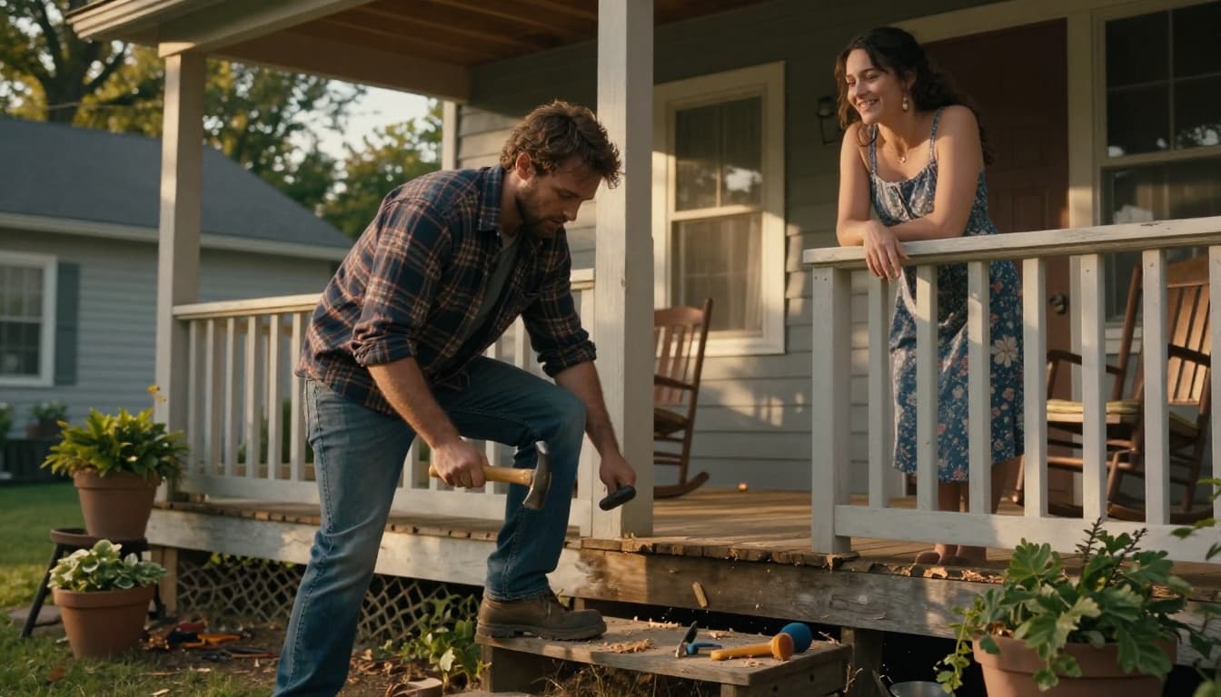 Hyperrealistic cinematic scene of a focused handyman in flannel fixing a sagging porch step on a cozy small town house, while a warm smiling woman in sundress watches from the railing amid golden afternoon sunlight.