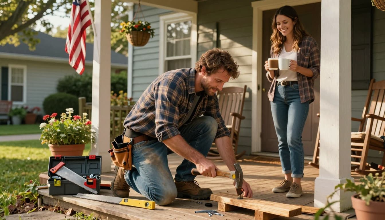 A focused handyman in his thirties hammers a wooden porch step with tools nearby, while a cheerful woman holds two coffee mugs and watches from beside a cozy small-town house in warm afternoon sunlight.