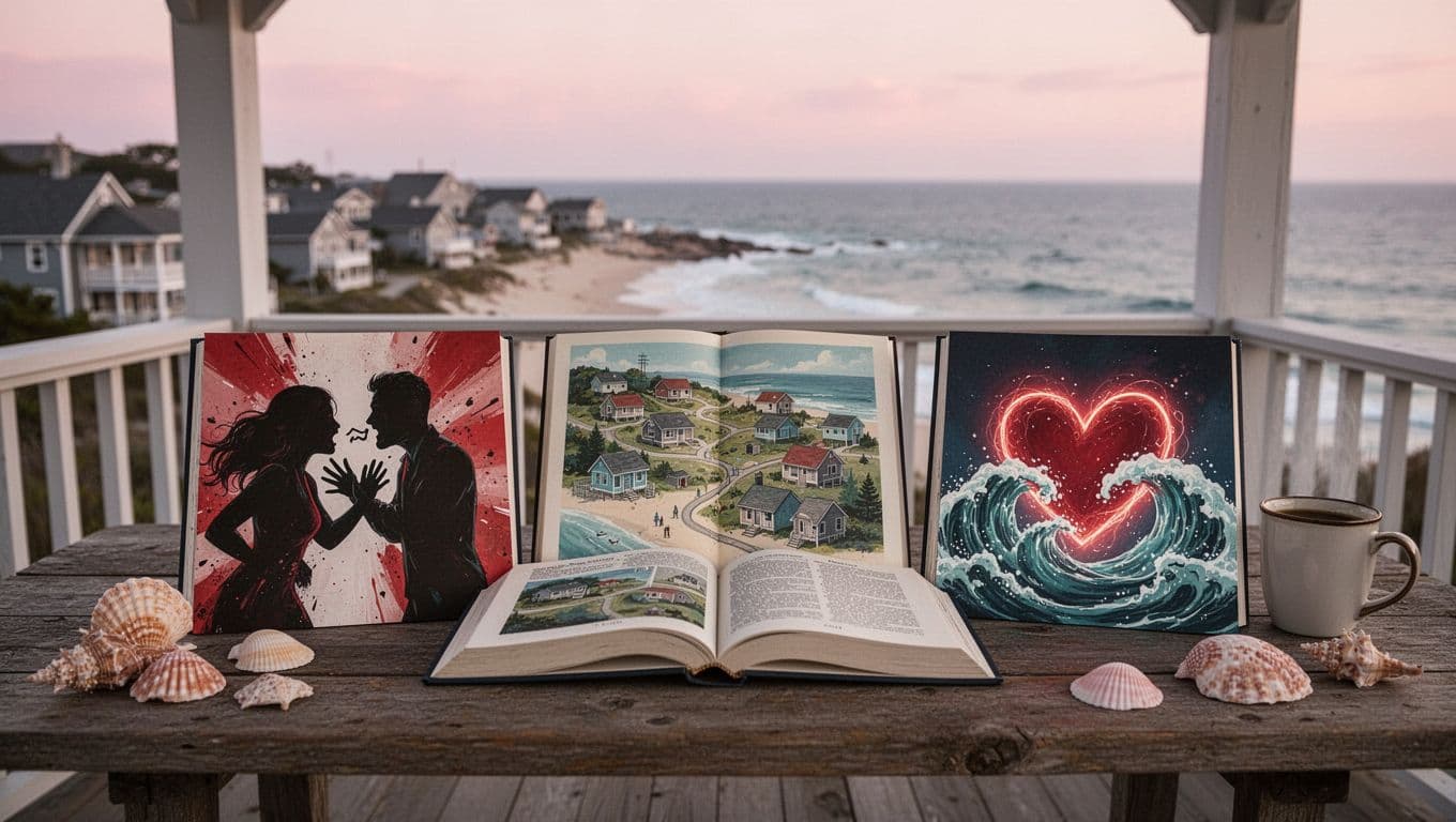 Hyperrealistic, photorealistic cinematic image of three open books on a rustic wooden table on a seaside porch: left book with abstract arguing couple silhouette, middle with coastal small town beach houses scene, right with glowing heart intertwined with waves. Blurred idyllic coastal town, ocean horizon at dawn with soft pink sky, seashells and coffee mug nearby.