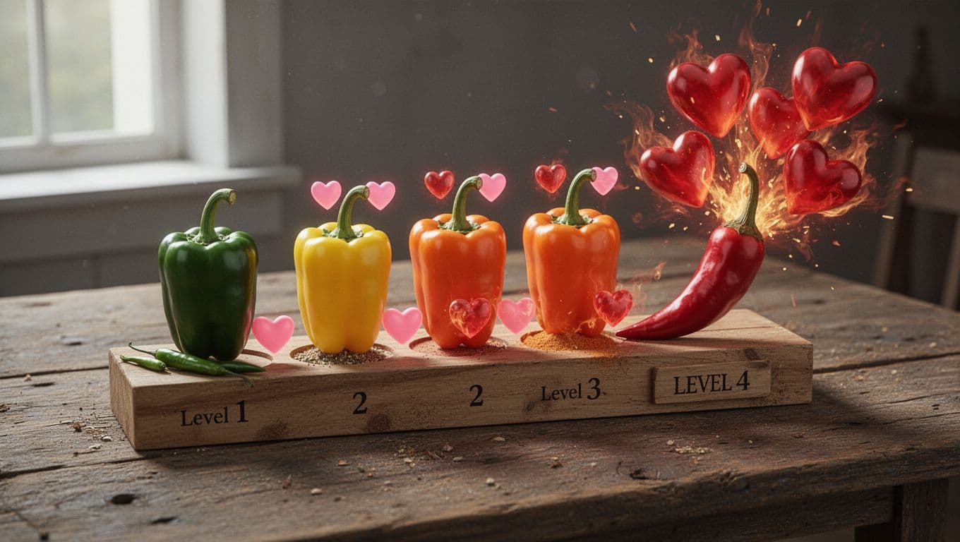 Photorealistic image of a four-level spice scale on a rustic wooden table, with peppers increasing in heat accompanied by pink hearts: green pepper with one heart, yellow with two, orange with three, and red chili with four bursting hearts.