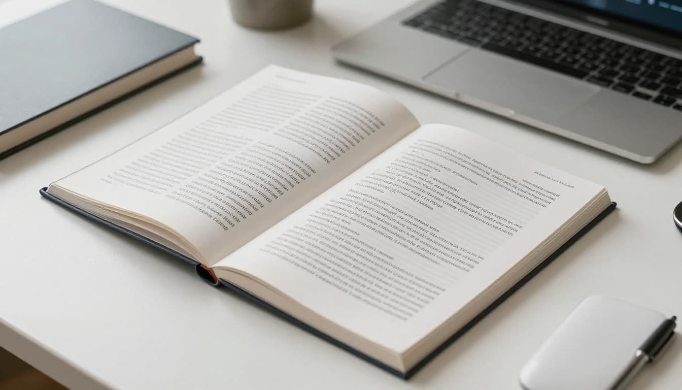 Hyperrealistic cinematic view of sample book blurbs on printed pages or screen, highlighting positioning phrases for genres in a clean desk setup with natural light and professional atmosphere.