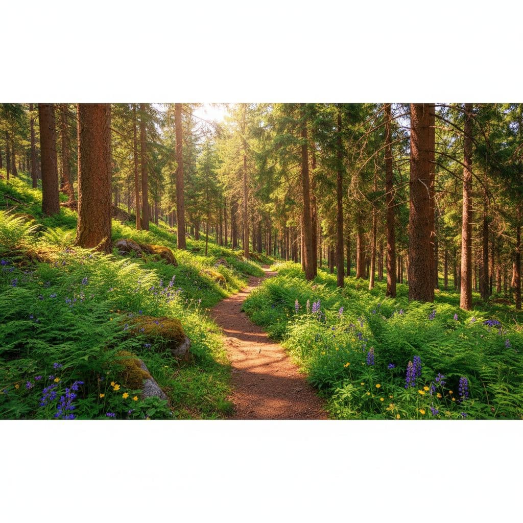 A narrow dirt path winds through dense pine trees, illuminated by soft dappled sunlight. Vibrant green ferns and delicate wildflowers line the forest floor, creating a serene and inviting atmosphere.