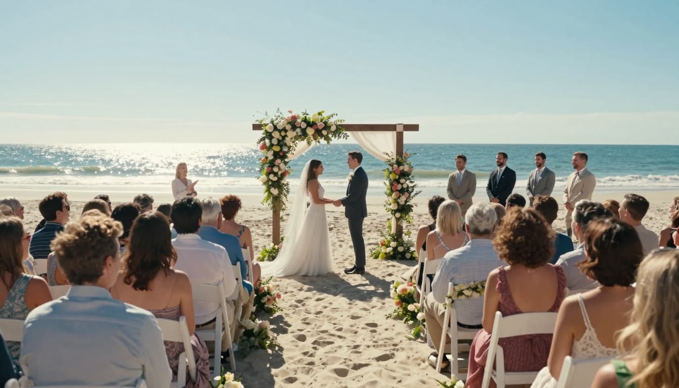 Hyperrealistic cinematic beach wedding setup on Seabrook Island featuring joyful outdoor ceremony with white chairs facing the ocean, floral arches, happy crowd in summer attire, and sparkling sea under blue sky.