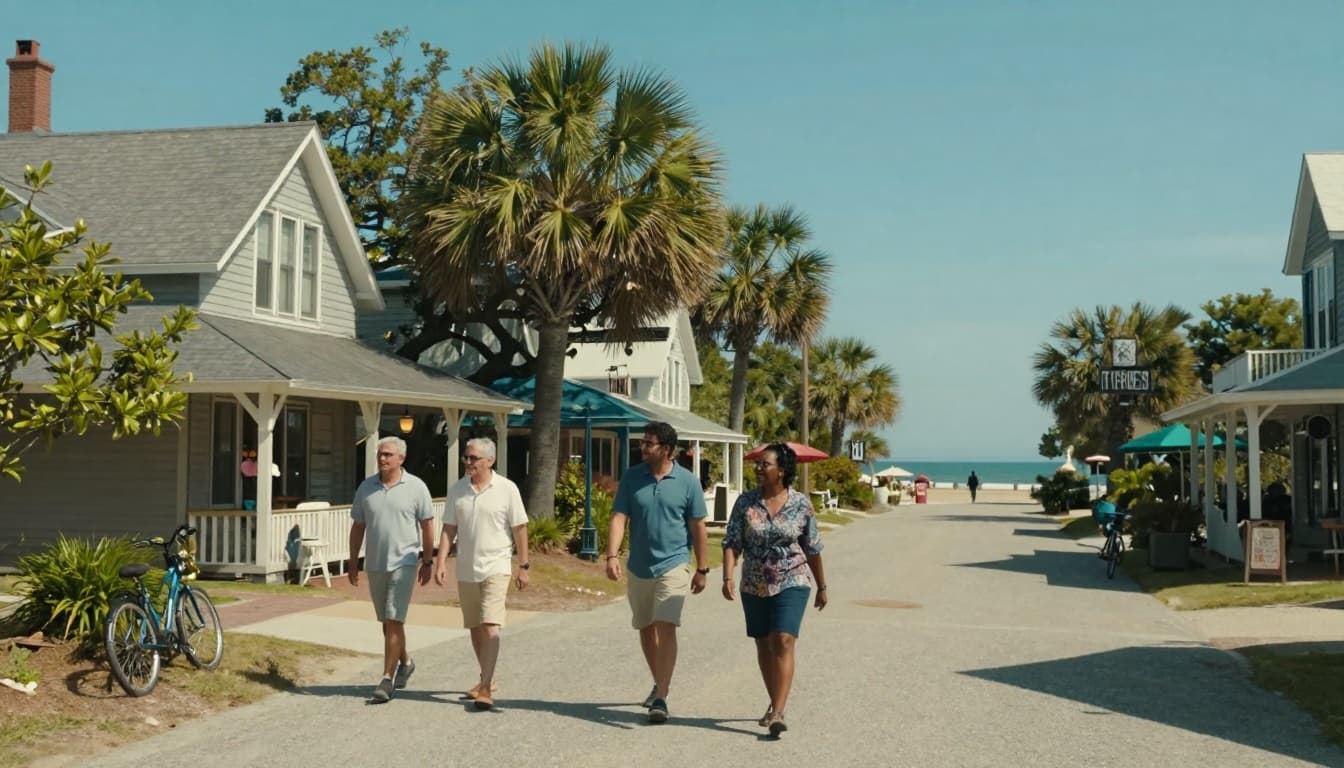 Hyperrealistic cinematic wide shot of a quaint coastal small town on Seabrook Island, featuring shops and cafes along the main street, friendly people walking, parked bikes, distant ocean view, lush greenery, and a sunny day with blue skies.