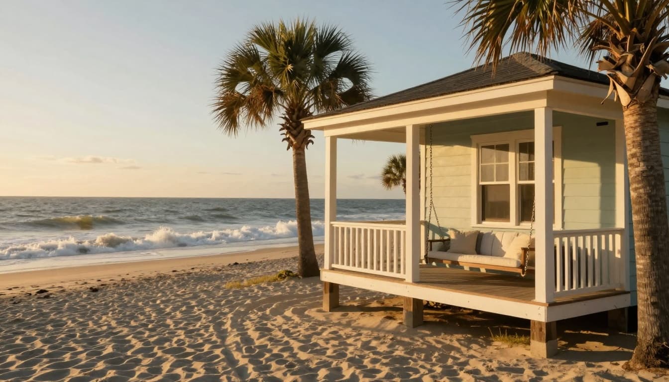 A hyperrealistic cinematic view of a cozy beach cottage on Seabrook Island at golden hour, with gentle waves crashing, swaying palm trees, a porch swing with pillows, and warm sunlight casting long shadows on the sandy path, evoking an inviting and peaceful mood.