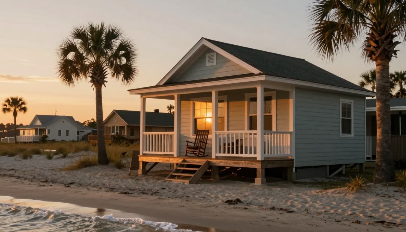 Hyperrealistic, photorealistic cinematic image of a cozy beach cottage on Seabrook Island at sunset, featuring warm golden light through windows, gentle waves, swaying palm trees, and an inviting porch with rocking chairs.