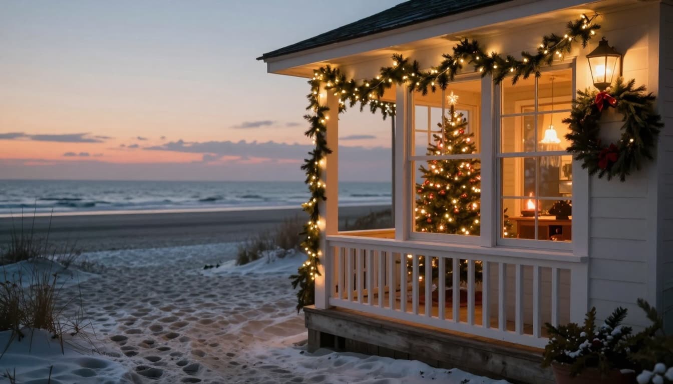 Hyperrealistic cinematic scene of a cozy Christmas by the coast on Seabrook Island, with holiday lights on the beach house porch, decorated tree through the window, snowy sand footprints, and warm fire glow inside under soft twilight.