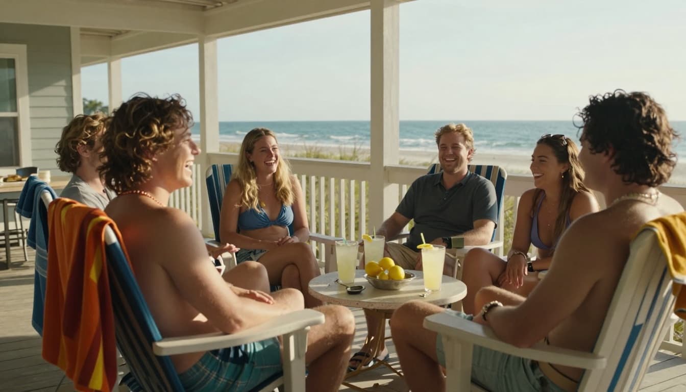A group of close friends laugh together on a wooden porch overlooking the ocean on Seabrook Island, with colorful beach towels on chairs and fresh lemonade on a table under summer afternoon light.