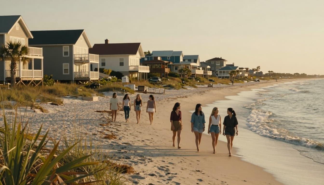 Hyperrealistic cinematic image of a cozy coastal small town on Seabrook Island, featuring charming beach houses, women in summer clothes walking and chatting on the sandy beach at golden hour sunset with warm lighting and serene waves.