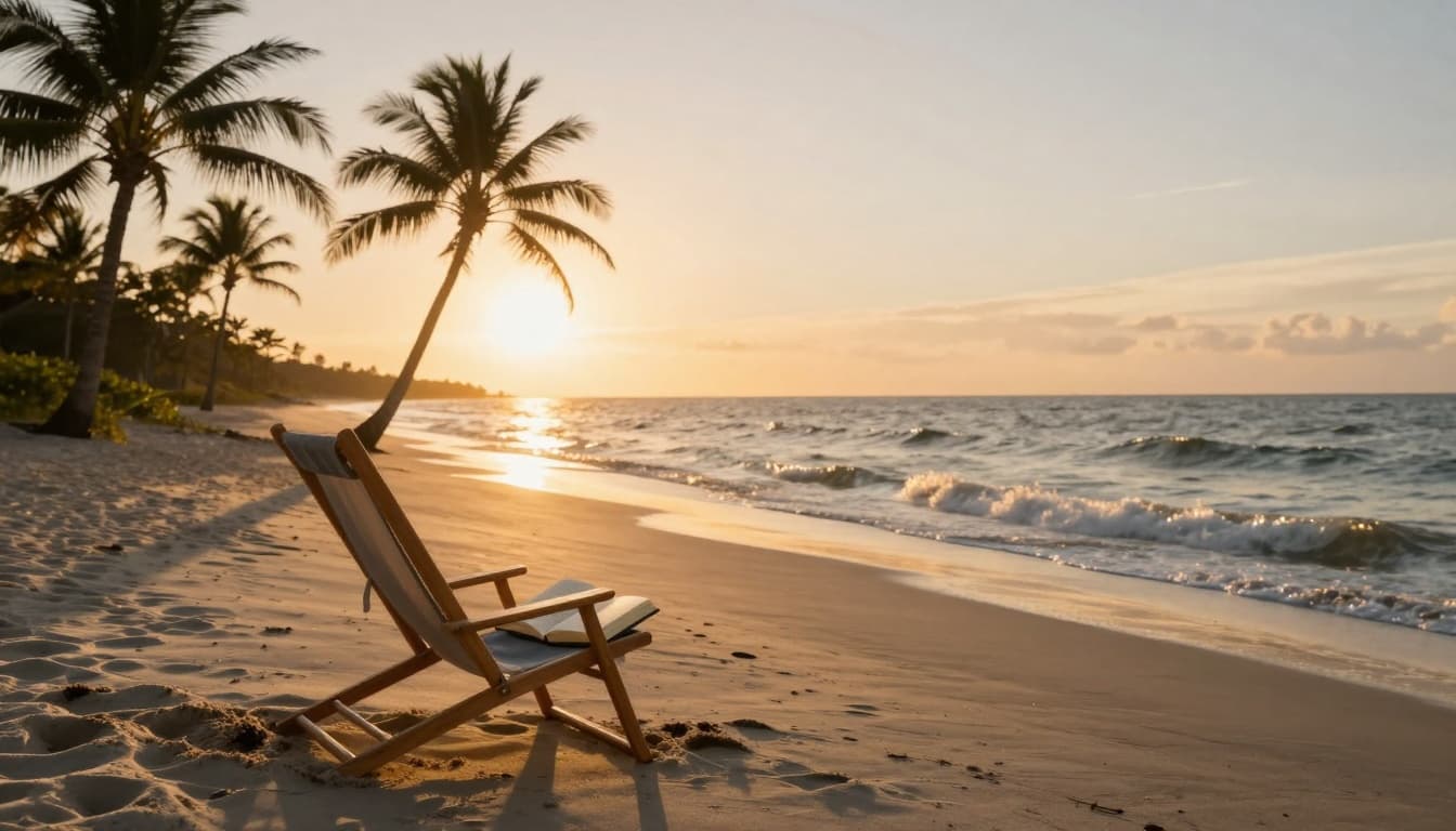 A serene coastal scene on Seabrook Island at sunset with golden light, palm trees, gentle waves, and a cozy beach chair with an open book in the foreground, hyperrealistic and peaceful.