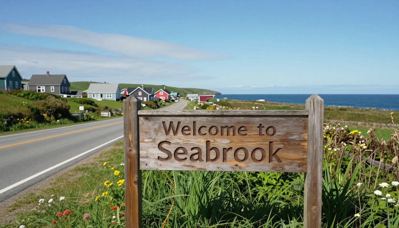 Hyperrealistic photorealistic cinematic image of a rustic wooden 'Welcome to Seabrook' sign at a small coastal town road edge on a clear sunny day, with winding road to colorful houses and ocean horizon, green hills, wildflowers, and blue sky.
