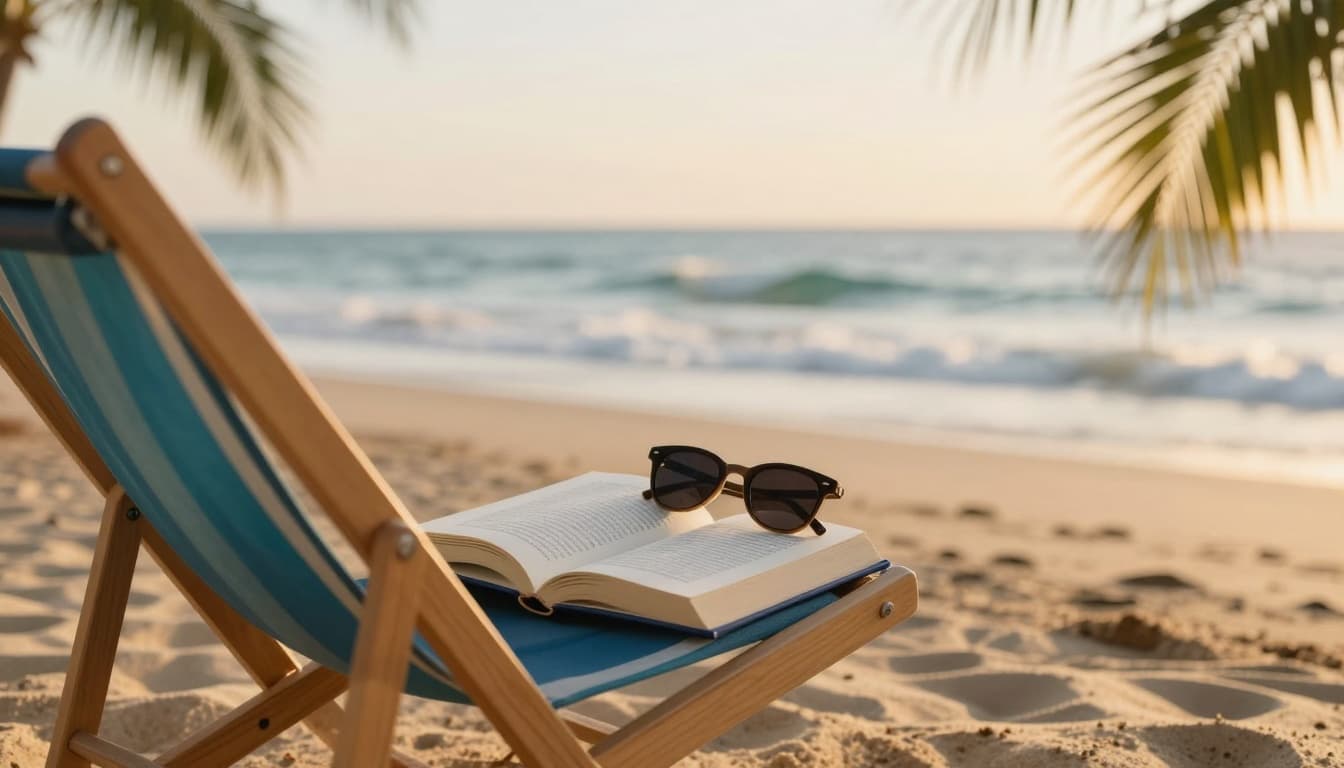 A relaxed beach chair on a sandy shore holds an open paperback book and sunglasses, set against ocean waves at golden hour sunset with palm leaves framing the cozy coastal scene.